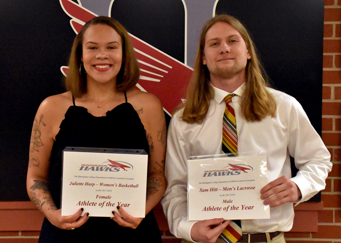 Women's basketball player Juliette Harp and men's lacrosse player Sam Hitt were honored as the Huntingdon Female Student-Athlete of the Year and Male Student-Athlete of the Year during Wednesday night's Awards Ceremony.