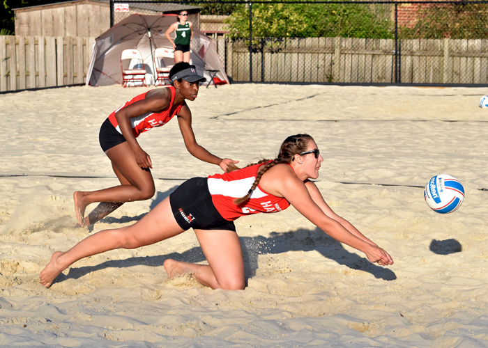 Huntingdon's No. 2 team of Alexis Creasman (front) and Bria Rochelle defeated Morehead State in three sets. The Hawks lost 4-1 overall, but the individual match win was Huntingdon's first against a Division I team.