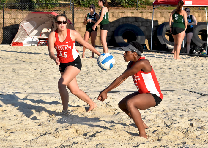Bria Rochelle (right) and Alexis Creasman played as the No. 1 team for Huntingdon in Friday's matches with Division I Jacksonville State and Florida International. (Photo by Wesley Lyle)