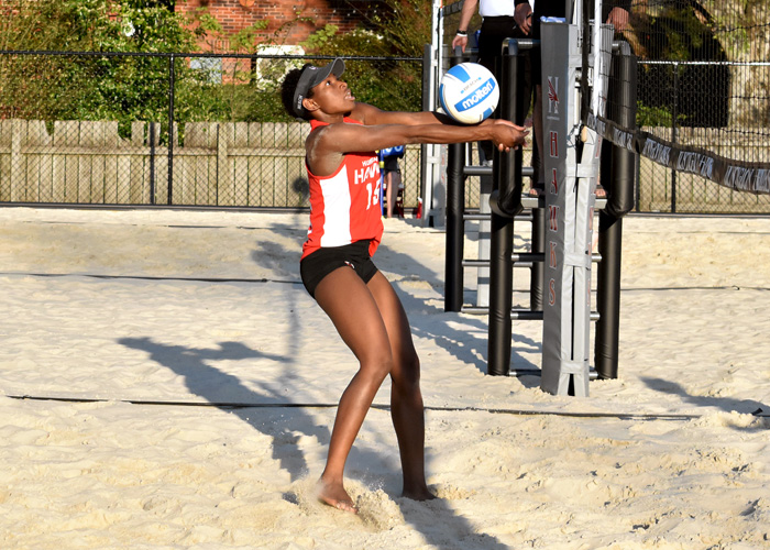 Bria Rochelle and the first-year beach volleyball team earned their second win of the season with a 3-2 win over NAIA St. Thomas on Sunday. (Photo by Wesley Lyle)
