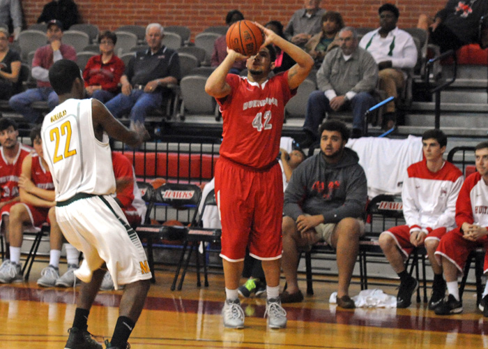 Michael Dallas, shown here against Methodist, led Huntingdon with 12 points in Saturday's 92-63 loss to North Carolina Wesleyan. (Photo by Wesley Lyle)