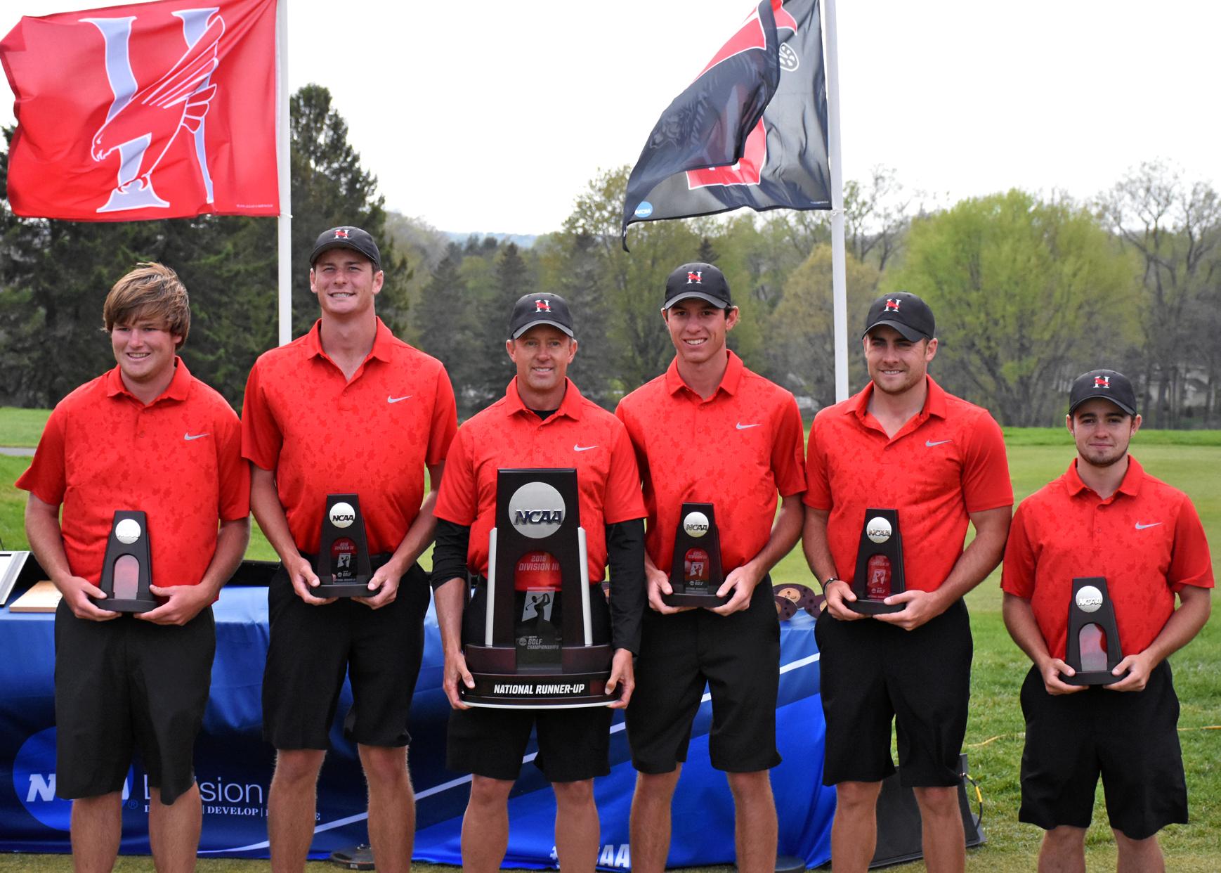 Huntingdon placed second in the NCAA Division III Men's Golf Championships for the Hawks' best finish during the NCAA era. Junior Addison Lambeth (second from right) tied for second individually and earned first-team All-American honors.