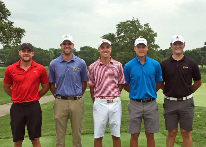The 2016 Jack Nicklaus National Players of the Year before Saturday's Barbasol Shootout. (From L-R) Division III winner Addison Lambeth (Huntingdon College), NAIA winner Peter French (Johnson and Wales), Division II winner John Coutlas (Florida Southern), NJCAA winner Kerry Sweeney (Eastern Florida State) and Division I winner Jon Rahm (Arizona State)
