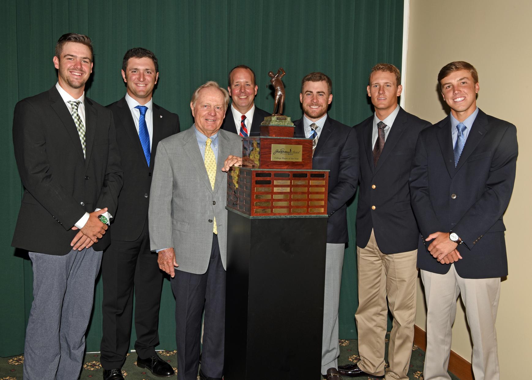 Huntingdon's Addison Lambeth (third from right) was presented the Division III Jack Nicklaus National Player of the Year Award on Sunday. (From L-R) NAIA winner Peter French (Johnson and Wales), Division I winner Jon Rahm (Arizona State), Jack Nicklaus, John Price, Addison Lambeth, NJCAA winner Kerry Sweeney (Eastern Florida State) and Division II winner John Coutlas (Florida Southern).