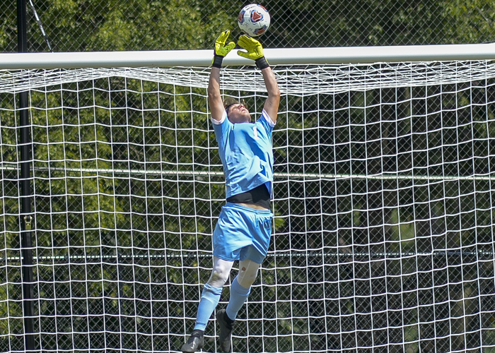 Zak Heino had 10 saves and allowed two goals in Saturday's double overtime tie at William Peace. (Photo by Julie Bennett/juliebennettphoto.com)