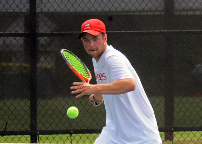 Aaron Triplett won 7-6, 6-2 at No. 2 singles in Wednesday's 9-0 win over Tuskegee University. (Photo by Sydney Robbins)