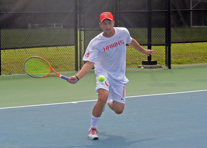 Aaron Triplett won 6-1, 6-0 at No. 6 singles to clinch the Hawks' 5-4 win over Covenant on Friday in the USA South Athletic Conference Tournament. (Photo by Wesley Lyle)