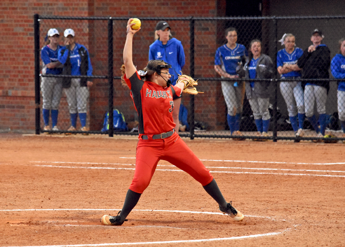 Freshman Lauren Melton earned her first collegiate win in a 2-1 victory in the second game of a doubleheader with the Mississippi University for Women on Monday.