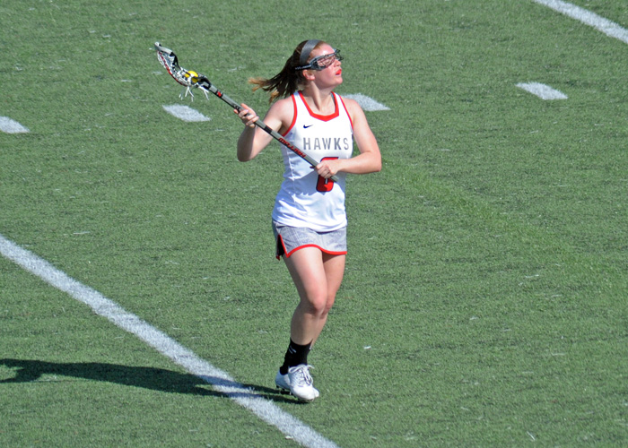 Jen Price recorded three assists, three draw controls, nine ground balls and four caused turnovers in Sunday's loss at Sewanee. (Photo by Sydney Robbins)