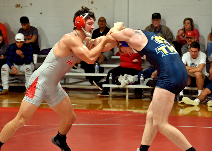 Cody Dixon earned a pin in the 184-pound weight class in Saturday's match against St. Andrews. (Photo by Wesley Lyle)