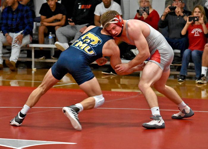 Mason Blakeney won two matches in the 141-pound weight class as the Hawks split with Limestone University and Spartanburg Methodist College on Sunday. (Photo by Wesley Lyle)