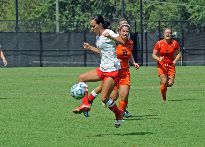 Carlie Reed, shown here against Johnson University, scored one goal in the Lady Hawks' 4-2 loss to Meredith on Saturday.