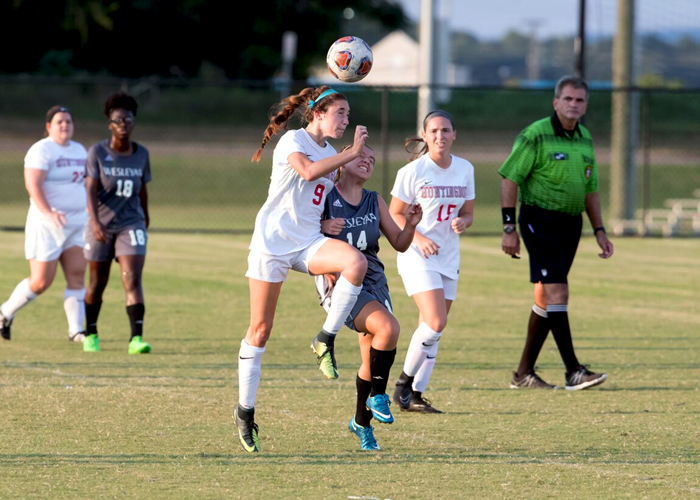 Camryn Hale (#9) scored the game-winning goal in Huntingdon's 2-1 victory over Agnes Scott on Wednesday in the first round of the USA South Athletic Conference Tournament. (Photo by Lisa Pearson)