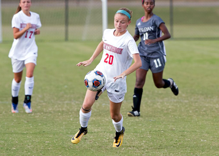 Elena Guy (#20) scored both goals in Huntingdon's 2-0 win over Agnes Scott on Wednesday. (Photo by Lisa Pearson)