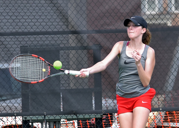 Sandy Mayson won at No. 1 singles and teamed with Heather Tabor to win at No. 1 doubles in Sunday's 9-0 win over William Peace.