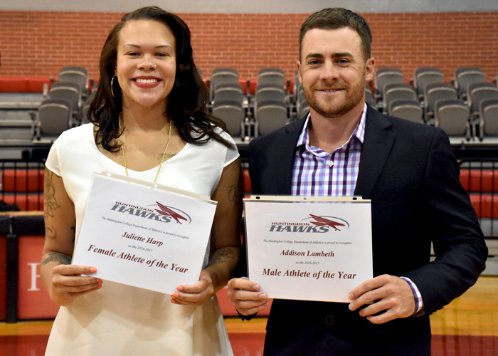 Women's basketball player Juliette Harp and men's golfer Addison Lambeth were recognized as the Huntingdon Female Student-Athlete of the Year and Male Student-Athlete of the Year during Wednesday night's Awards Ceremony.