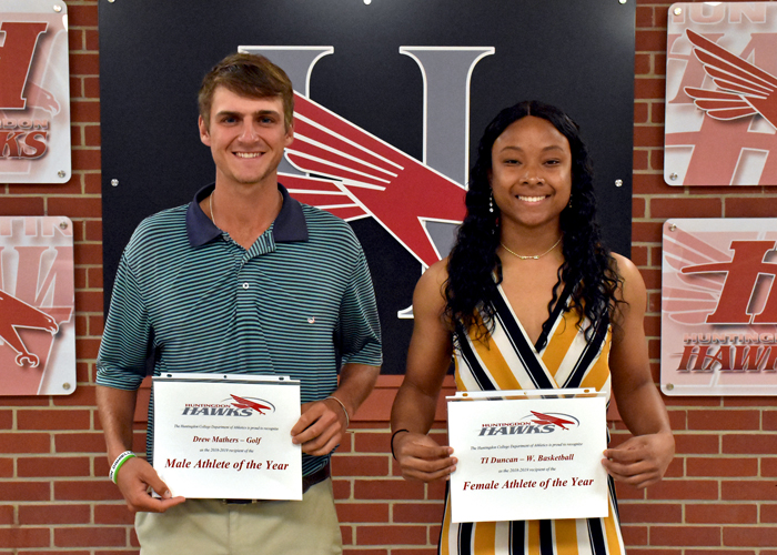 Men's golfer Drew Mathers and women's basketball player T.I. Duncan were honored as the Huntingdon Male Student-Athlete of the Year and Female Student-Athlete of the Year during Monday night's Awards Ceremony.