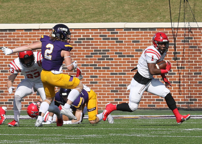 Eric Thomas (#1) scored one touchdown in Huntingdon's loss to Mary Hardin-Baylor in Round 2 of the NCAA Division III playoffs on Saturday. (Photo by Carrie Bump)