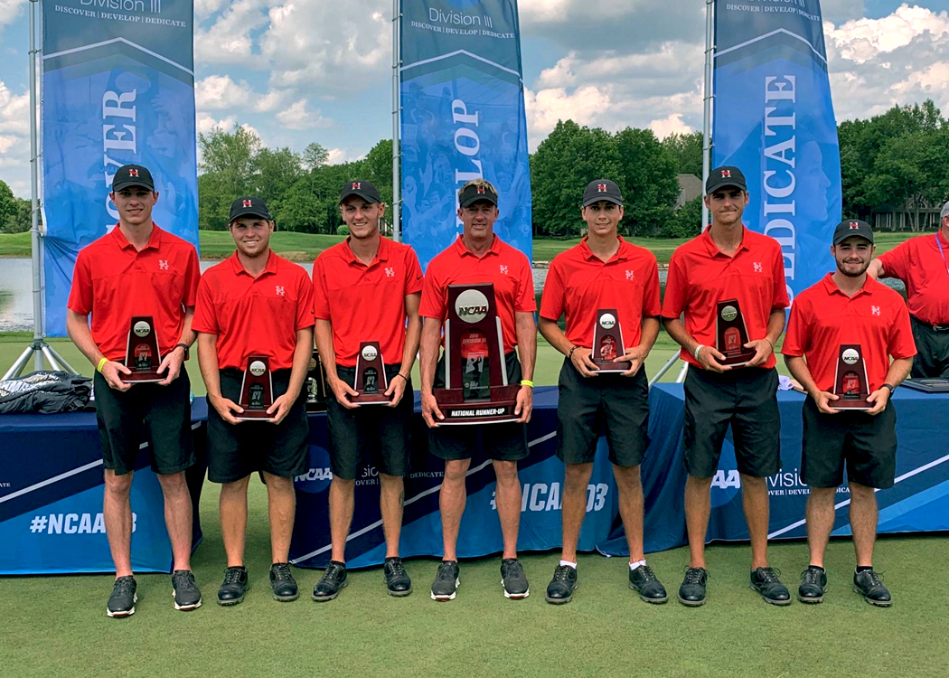 Huntingdon placed second in the NCAA Division III Men's Golf Championships to tie the Hawks' best finish during the NCAA era. Junior Drew Mathers (second from right) and senior Stephen Shephard (far right) each earned first-team All-American honors. (Photo submitted)