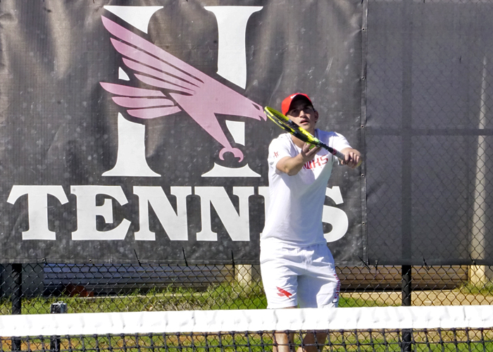 Justin McQueen won at No. 2 singles and No. 2 doubles to help lead the Hawks to a 7-2 win over Webber International  on Monday. (Photo by Chuck Tidmore)