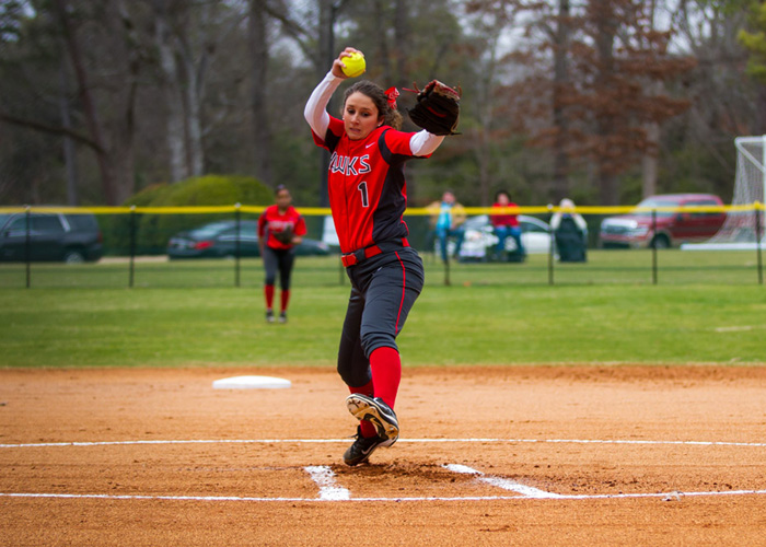 Senior Katy Messick pitched a complete-game shutout in Game 2 of Sunday's doubleheader at Methodist. Messick struck out eight, walked five and allowed just three hits in seven innings. She was also 2-for-4 with a RBI and a run. (Photo by Christopher Morgan)