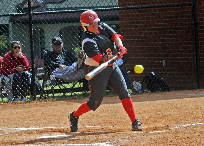 Heather McGuirk drove in the winning run in the bottom of the seventh inning to help Huntingdon knock off previously unbeaten and 21st-ranked Averett University in the second game of a conference doubleheader on Sunday. (Photo by Wesley Lyle)
