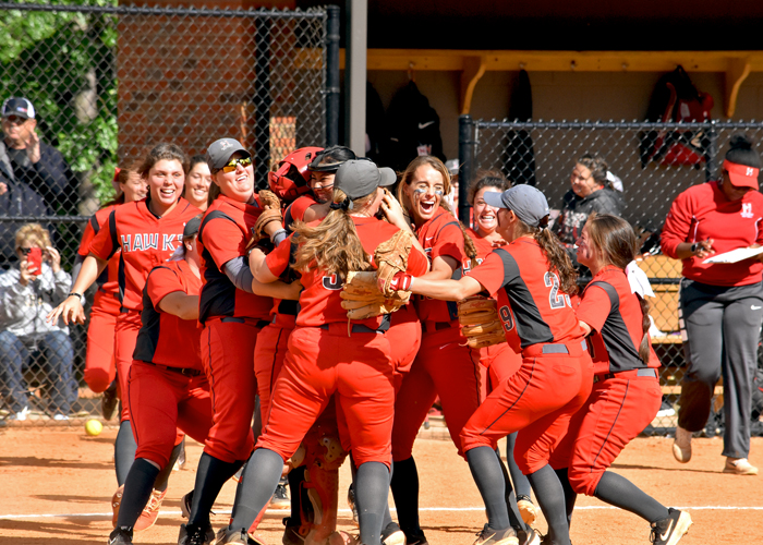 The Huntingdon softball team celebrates after Saturday's 6-3 win over LaGrange in the first round of the USA South Athletic Conference Tournament.