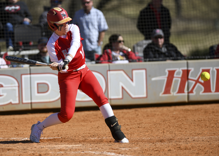 Emily Nieuwstraten had two doubles and three RBIs in Saturday's games with Rhodes and Louisiana College. (Photo by Julie Bennett/juliebennettphoto.com)