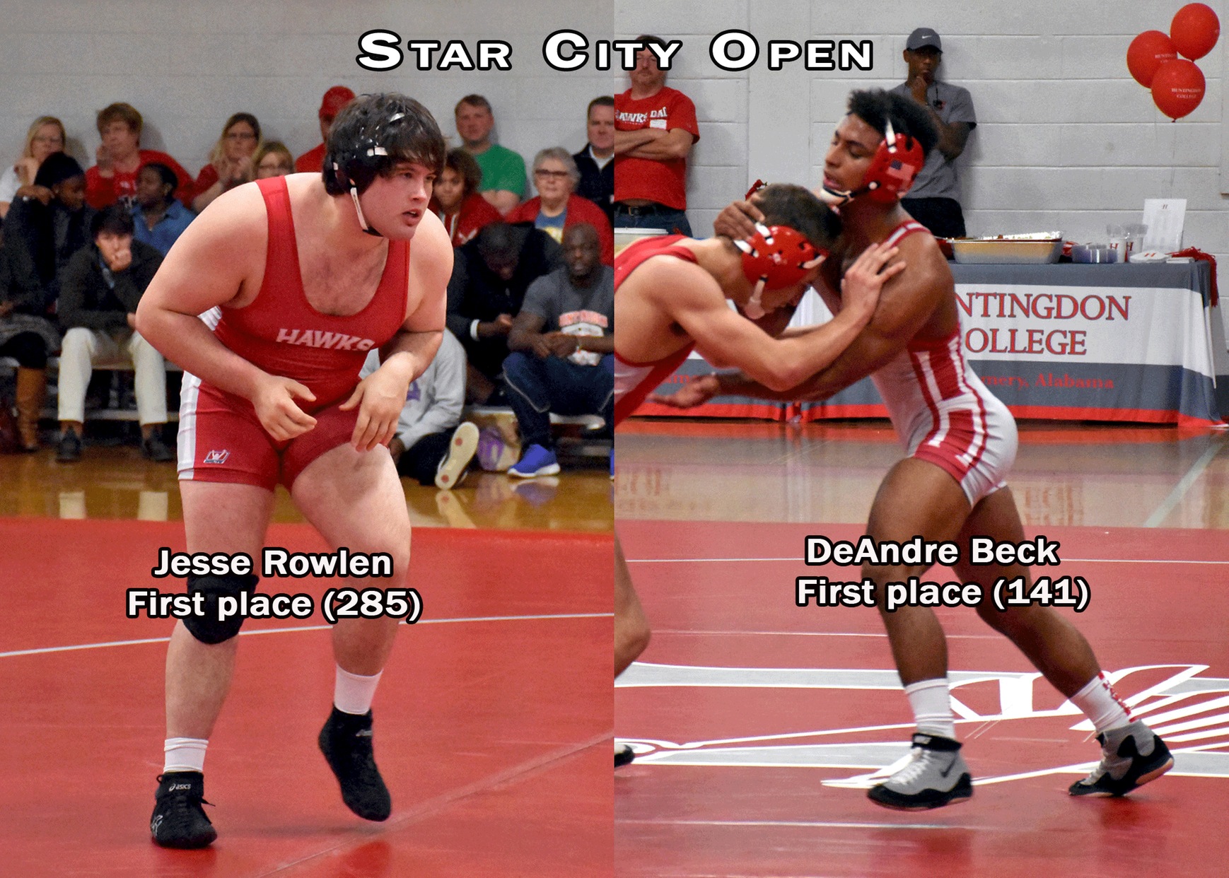 Jesse Rowlen and DeAndre Beck each won their weight classes to help the Huntingdon wrestling team place third in the Star City Open on Sunday.