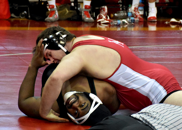 Senior Jesse Rowlen won two matches by pin on Saturday. (Photo by Wesley Lyle)