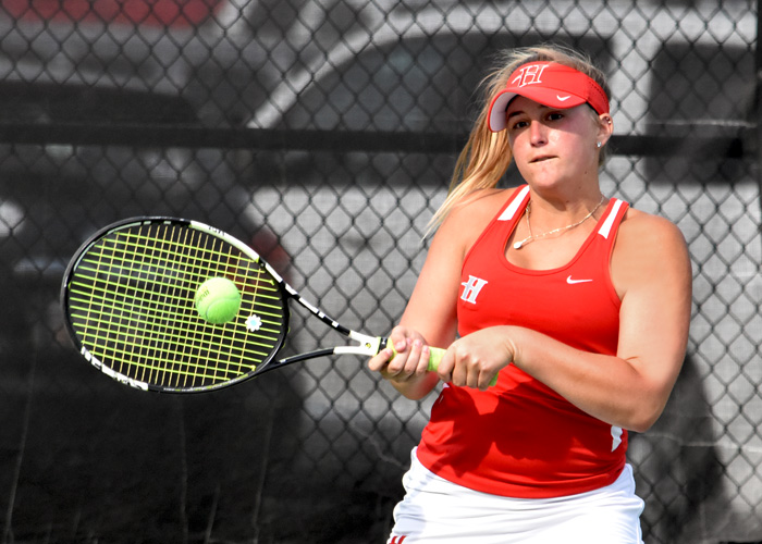 Freshman Dusty Catala won 6-0, 6-1 at No. 1 singles and teamed with Mariah Bastos to win 8-1 at No. 1 doubles in Huntingdon's 9-0 win over Salem College on Saturday. (Photo by Wesley Lyle)